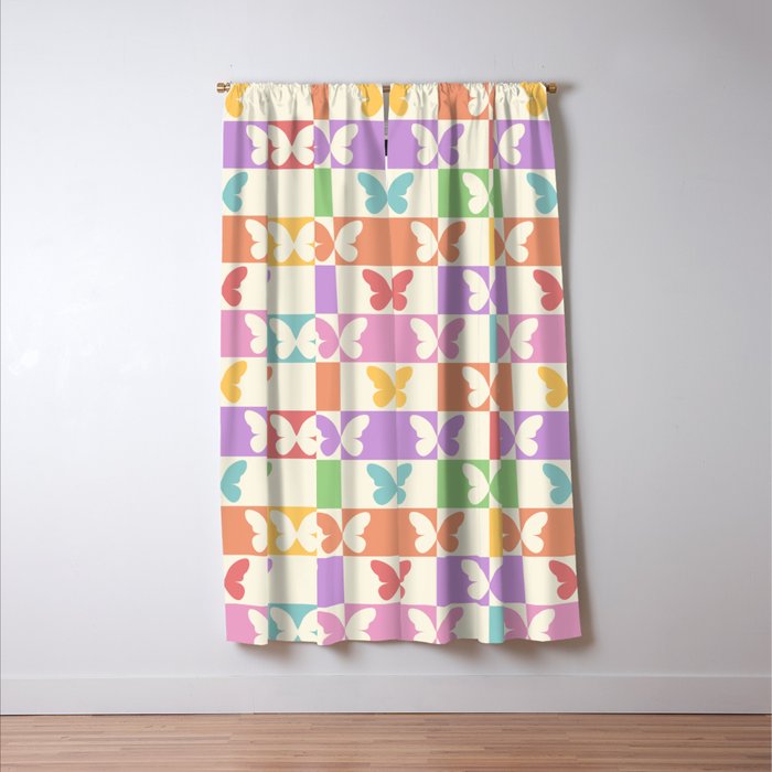 Retro Colorful Butterfly Checkered Pattern Window Curtain Gallery Image 3