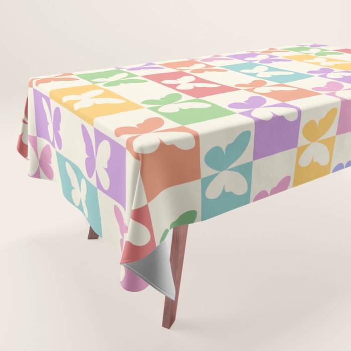Retro Colorful Butterfly Checkered Pattern Tablecloth Gallery Image 1
