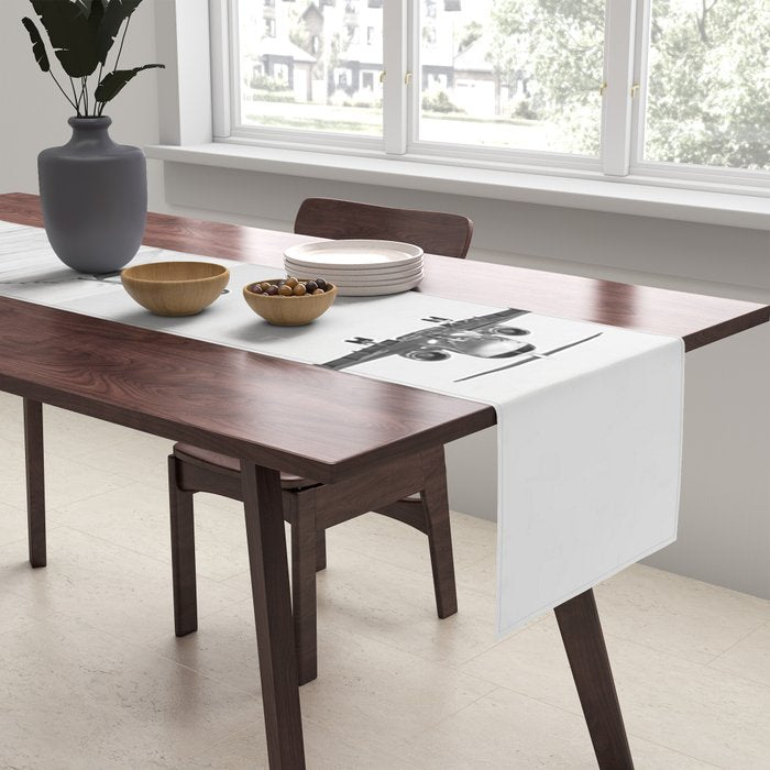 Steady As She Goes 6; aircraft coming in for an island landing female in bikini black and white photography - photographs - photograph Table Runner Gallery Image 2