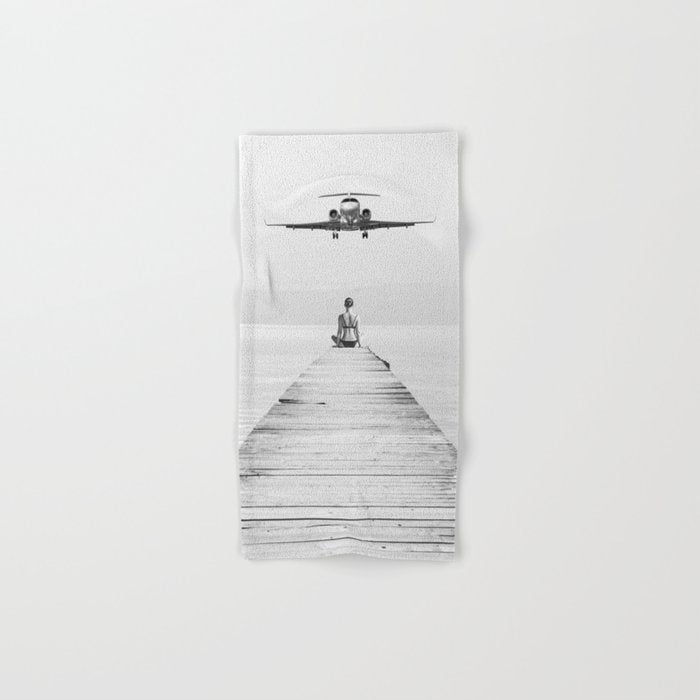 Steady As She Goes 6; aircraft coming in for an island landing female in bikini black and white photography - photographs - photograph Bath Towel Gallery Image 1