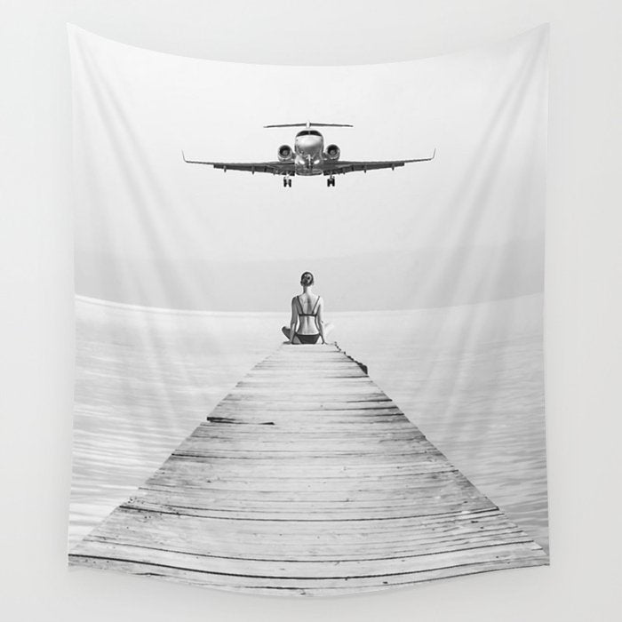 Steady As She Goes 6; aircraft coming in for an island landing female in bikini black and white photography - photographs - photograph Wall Tapestry Gallery Image 4