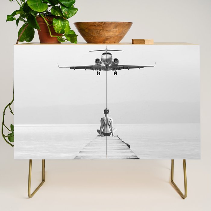 Steady As She Goes 6; aircraft coming in for an island landing female in bikini black and white photography - photographs - photograph Credenza Gallery Image 1