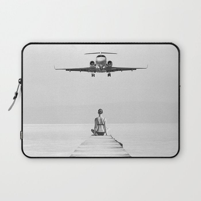 Steady As She Goes 6; aircraft coming in for an island landing female in bikini black and white photography - photographs - photograph Laptop Sleeve Gallery Image 1