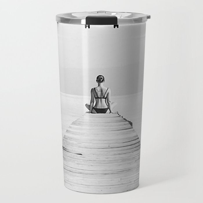 Steady As She Goes 6; aircraft coming in for an island landing female in bikini black and white photography - photographs - photograph Travel Mug Gallery Image 1