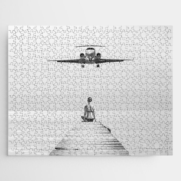 Steady As She Goes 6; aircraft coming in for an island landing female in bikini black and white photography - photographs - photograph Jigsaw Puzzle Gallery Image 1