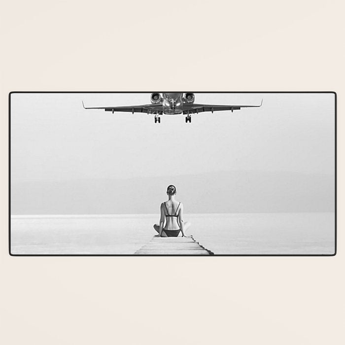 Steady As She Goes 6; aircraft coming in for an island landing female in bikini black and white photography - photographs - photograph Desk Mat Gallery Image 3