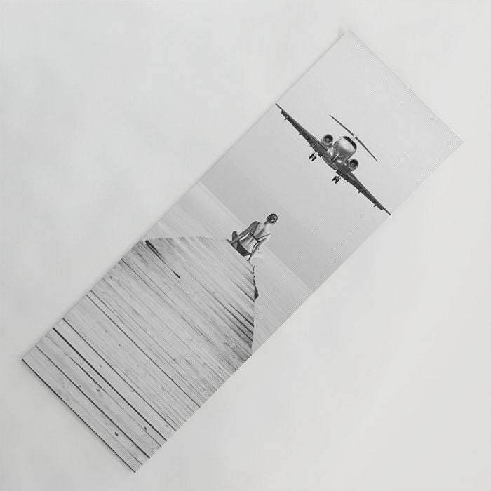 Steady As She Goes 6; aircraft coming in for an island landing female in bikini black and white photography - photographs - photograph Yoga Mat Gallery Image 1