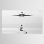 Steady As She Goes 6; aircraft coming in for an island landing female in bikini black and white photography - photographs - photograph Tablecloth Gallery Image 2