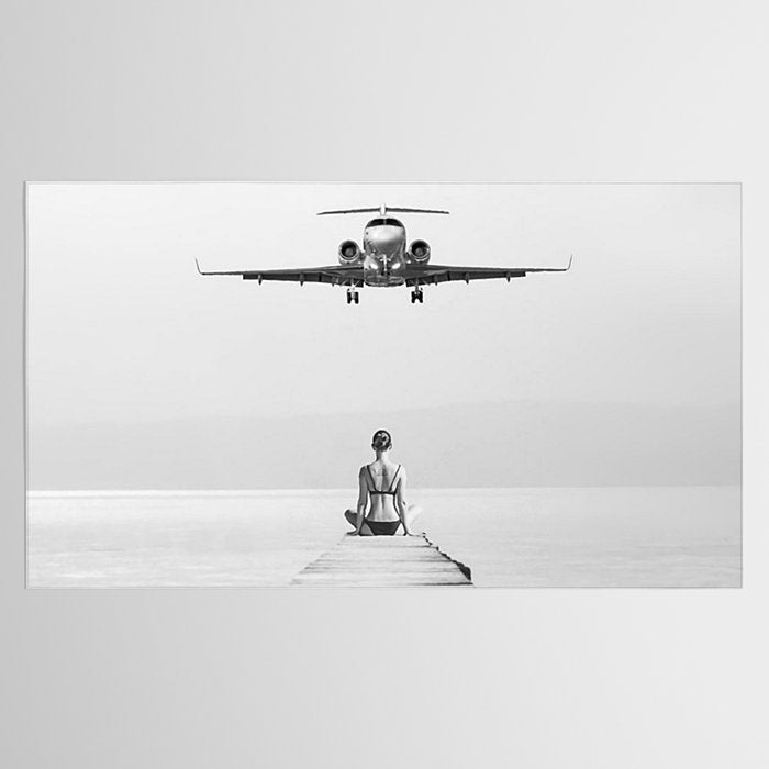 Steady As She Goes 6; aircraft coming in for an island landing female in bikini black and white photography - photographs - photograph Tablecloth Gallery Image 2