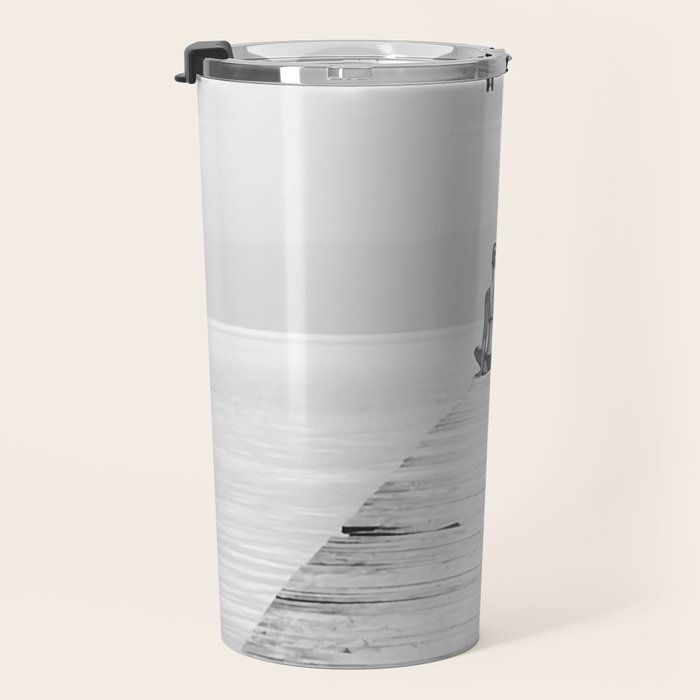 Steady As She Goes 6; aircraft coming in for an island landing female in bikini black and white photography - photographs - photograph Travel Mug Gallery Image 3