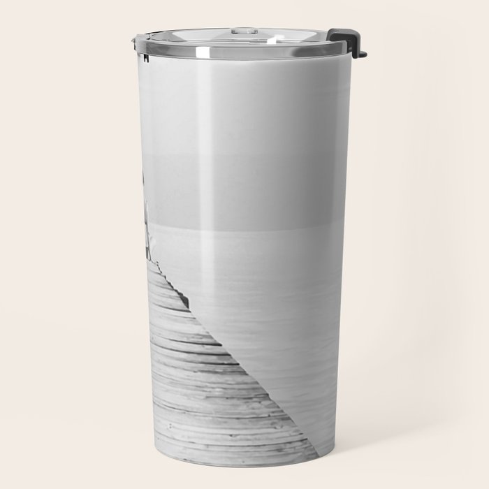 Steady As She Goes 6; aircraft coming in for an island landing female in bikini black and white photography - photographs - photograph Travel Mug Gallery Image 2