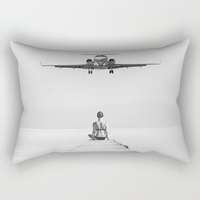 Steady As She Goes 6; aircraft coming in for an island landing female in bikini black and white photography - photographs - photograph Rectangular Pillow Gallery Image 1