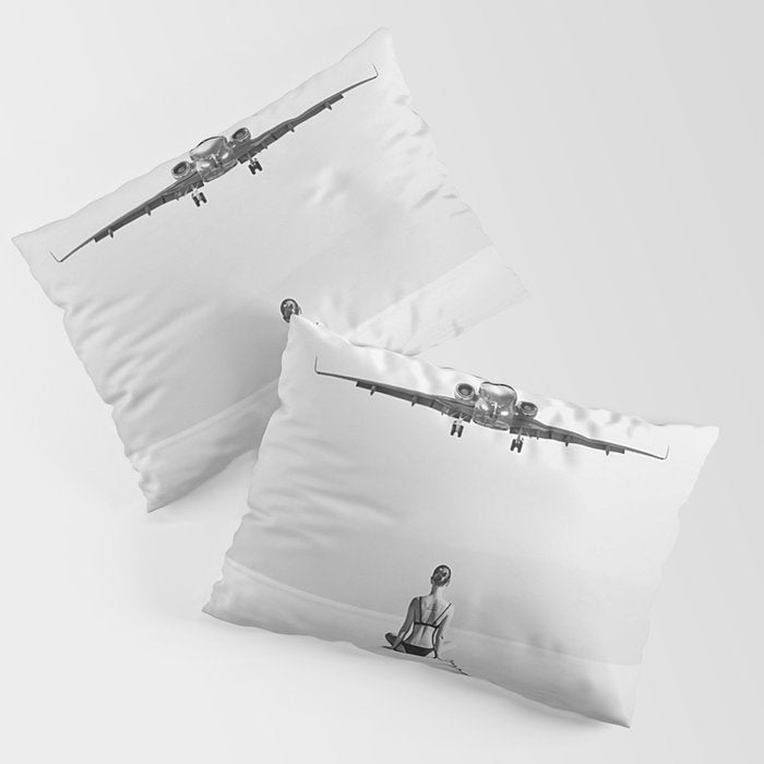 Steady As She Goes 6; aircraft coming in for an island landing female in bikini black and white photography - photographs - photograph Pillow Sham Gallery Image 1
