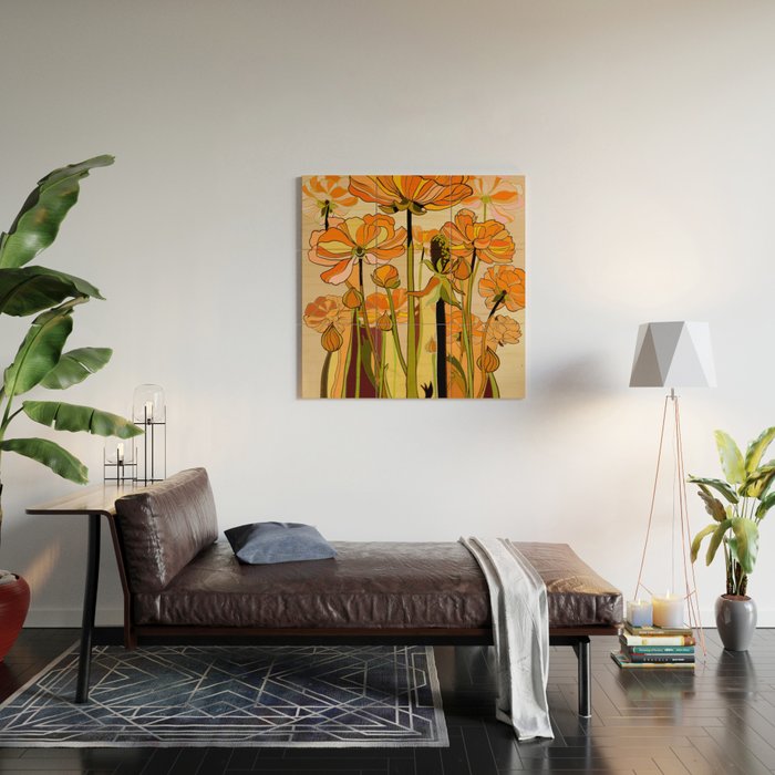 70s, Orange California poppies, mid century, 70s retro, flowers Wood Wall Art Gallery Image 2