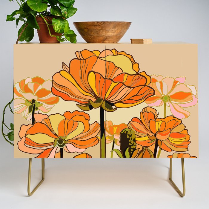 70s, Orange California poppies, mid century, 70s retro, flowers Credenza Gallery Image 1