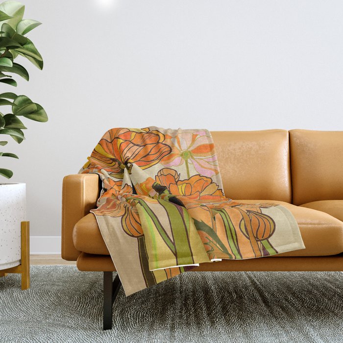 70s, Orange California poppies, mid century, 70s retro, flowers Throw Blanket Gallery Image 1