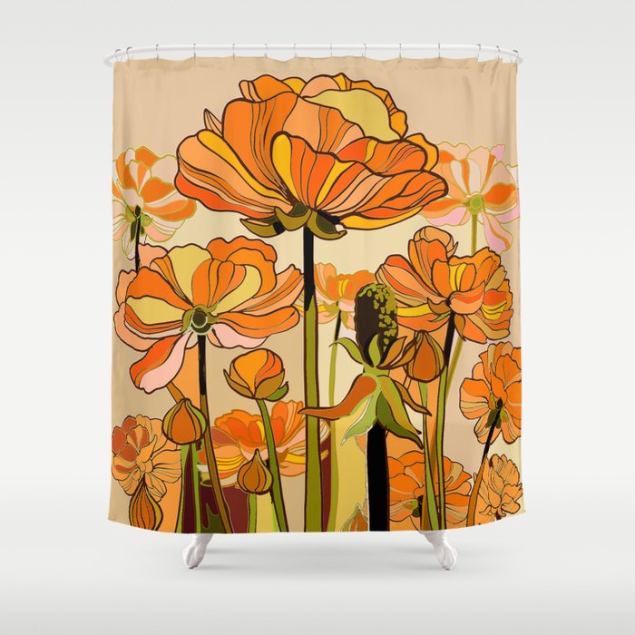 70s, Orange California poppies, mid century, 70s retro, flowers Shower Curtain Gallery Image 1