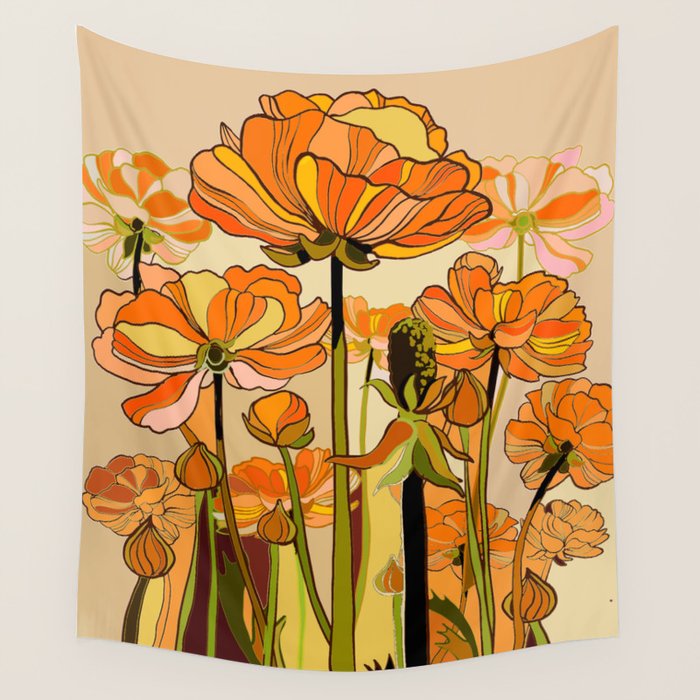 70s, Orange California poppies, mid century, 70s retro, flowers Wall Tapestry Gallery Image 4