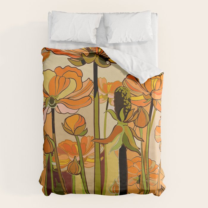 70s, Orange California poppies, mid century, 70s retro, flowers Duvet Cover Gallery Image 6
