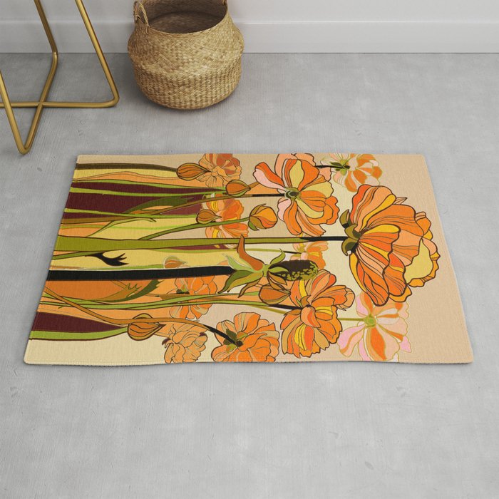 70s, Orange California poppies, mid century, 70s retro, flowers Rug Gallery Image 1