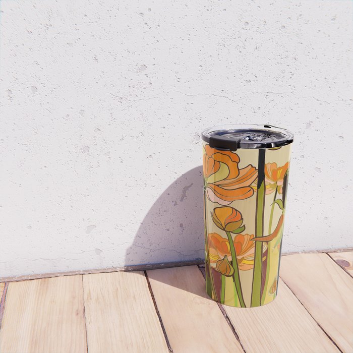 70s, Orange California poppies, mid century, 70s retro, flowers Travel Mug Gallery Image 4