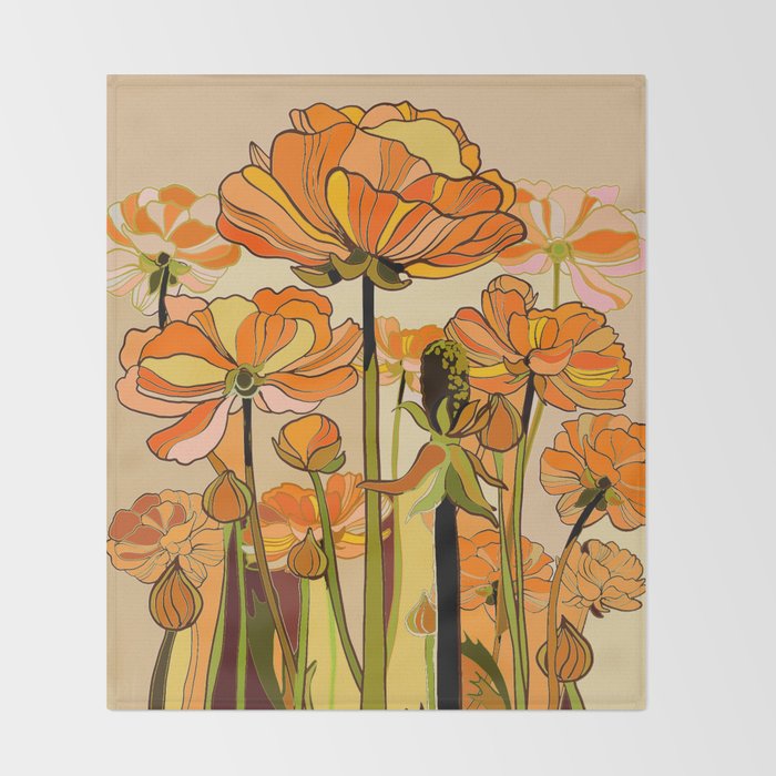 70s, Orange California poppies, mid century, 70s retro, flowers Throw Blanket Gallery Image 2