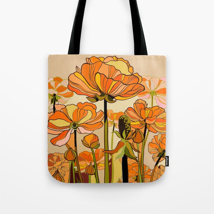 70s, Orange California poppies, mid century, 70s retro, flowers Tote Bag Gallery Image 1