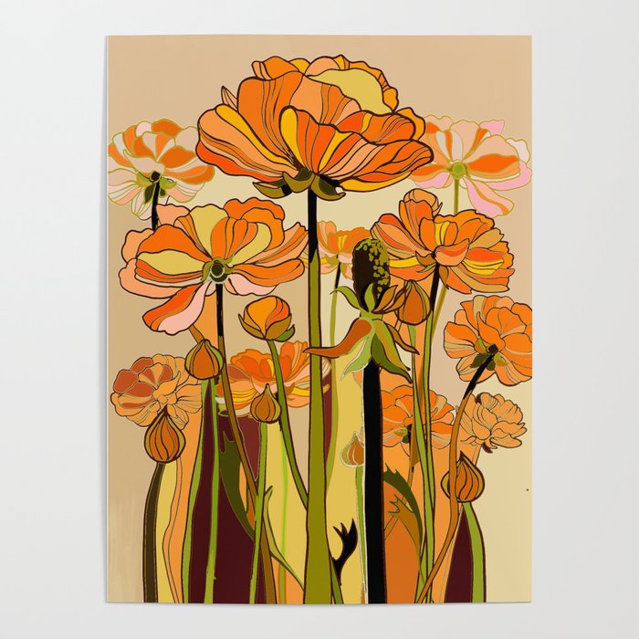 70s, Orange California poppies, mid century, 70s retro, flowers Poster Gallery Image 4