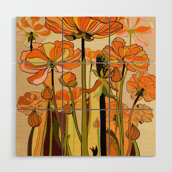 70s, Orange California poppies, mid century, 70s retro, flowers Wood Wall Art Gallery Image 1