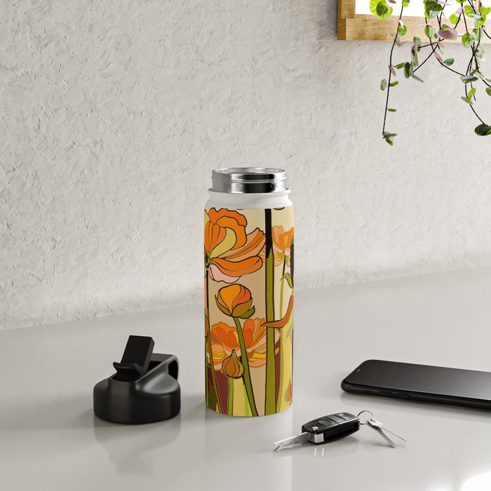 70s, Orange California poppies, mid century, 70s retro, flowers Water Bottle Gallery Image 5