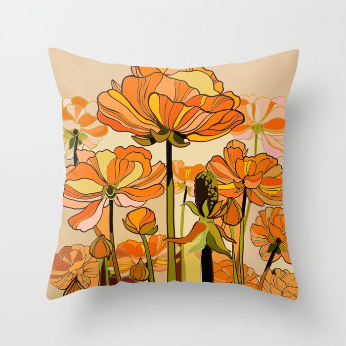 70s, Orange California poppies, mid century, 70s retro, flowers Throw Pillow Gallery Image 1
