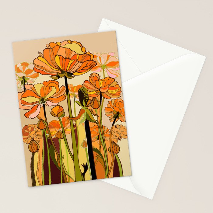 70s, Orange California poppies, mid century, 70s retro, flowers Stationery Card Gallery Image 2