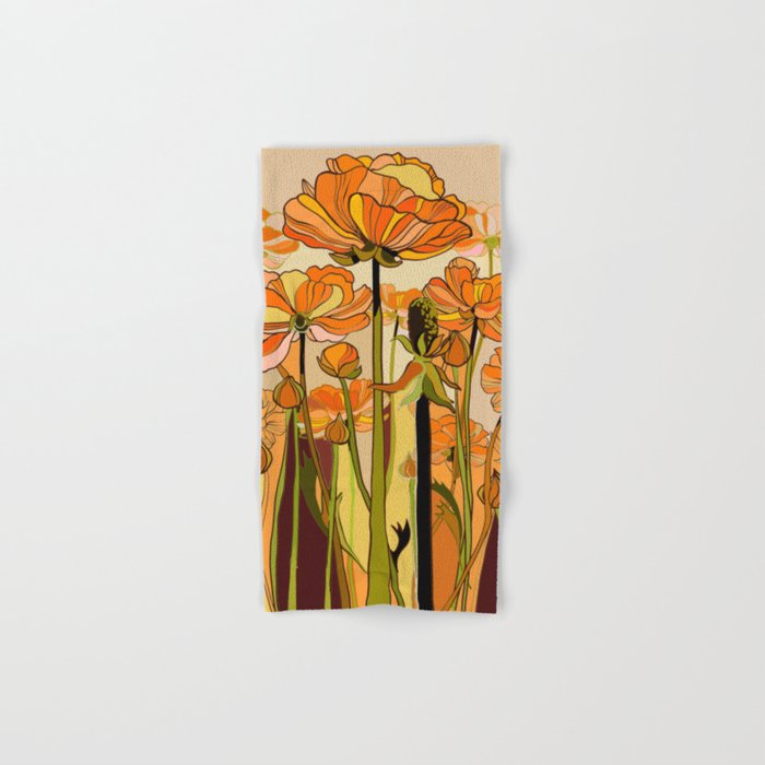 70s, Orange California poppies, mid century, 70s retro, flowers Hand & Bath Towel Gallery Image 1