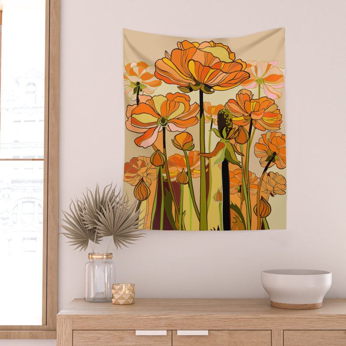 70s, Orange California poppies, mid century, 70s retro, flowers Wall Tapestry Gallery Image 2