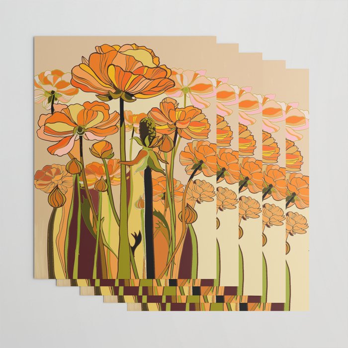 70s, Orange California poppies, mid century, 70s retro, flowers Wrapping Paper Gallery Image 3