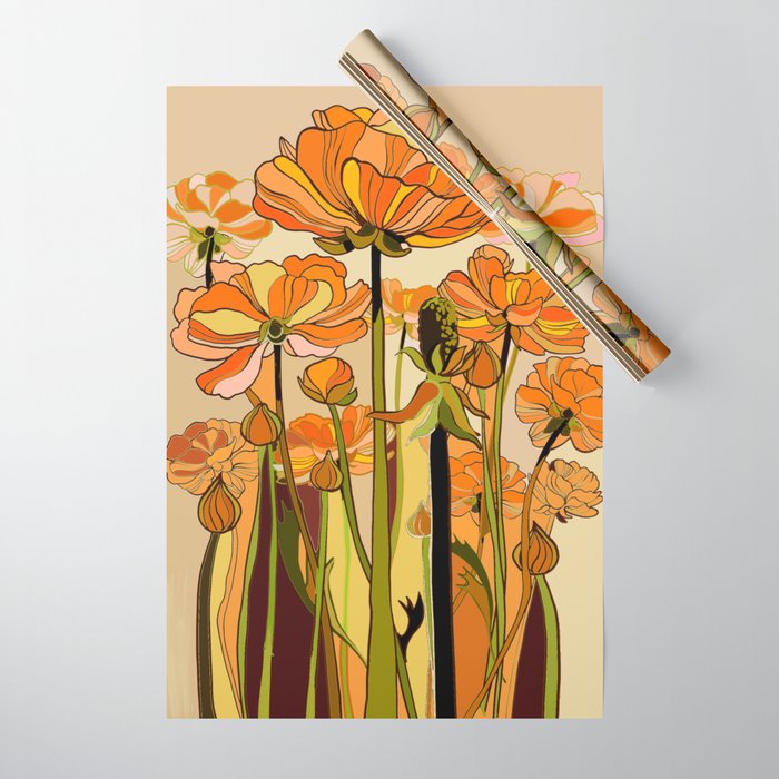 70s, Orange California poppies, mid century, 70s retro, flowers Wrapping Paper Gallery Image 1