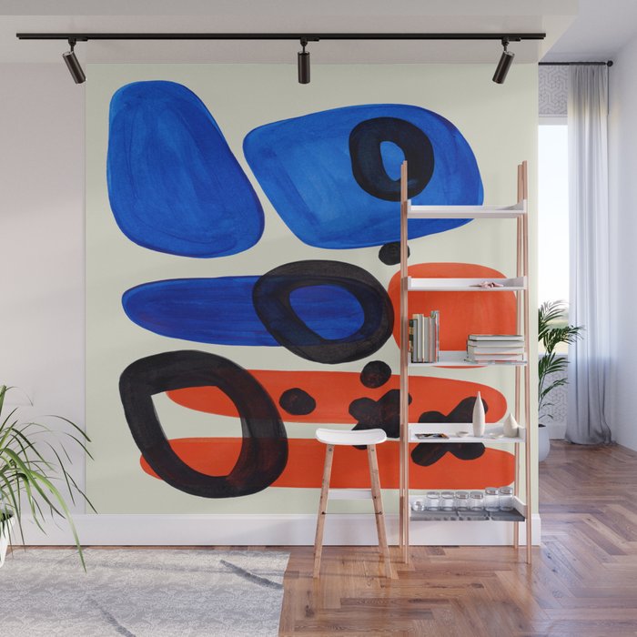 Blue Orange Fun Colorful Mid Century Modern Abstract Painting Shapes Pattern Wall Mural Gallery Image 1
