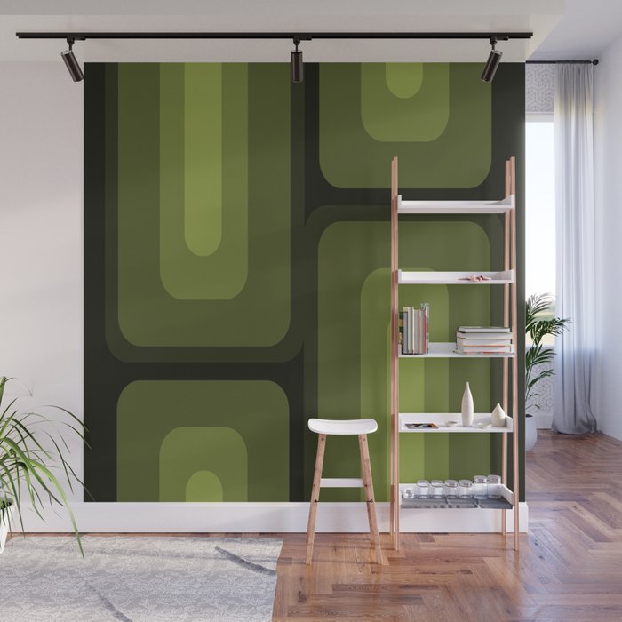 Mid Century Modern Long Rectangles Dark Olive Green Wall Mural Gallery Image 1