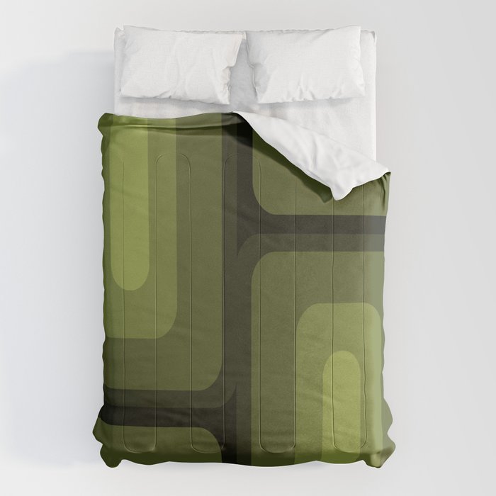 Mid Century Modern Long Rectangles Dark Olive Green Comforter Gallery Image 1