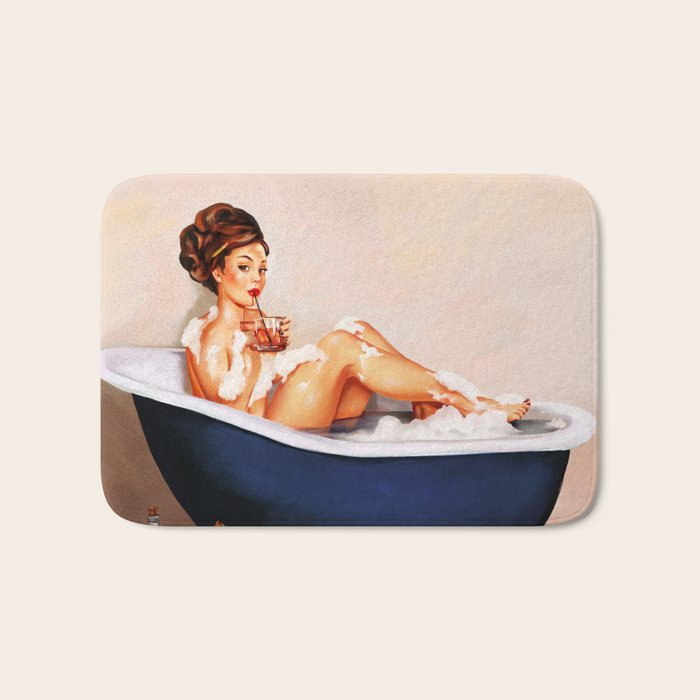 "Bathtub Whiskey" - Cute Vintage Brunette Pinup Girl Soaks & Enjoys A Cocktail. (V.2) Bath Mat Gallery Image 1
