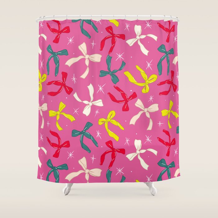 Festive Bows on Pink Background Shower Curtain Gallery Image 1