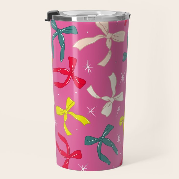 Festive Bows on Pink Background Travel Mug Gallery Image 3