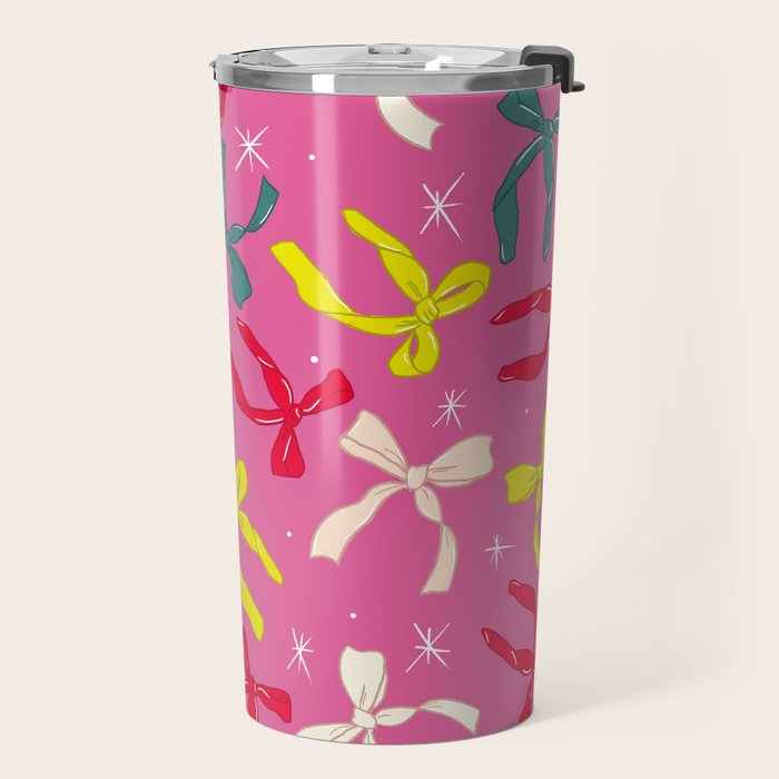 Festive Bows on Pink Background Travel Mug Gallery Image 2