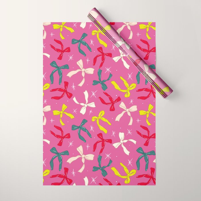 Festive Bows on Pink Background Wrapping Paper Gallery Image 1