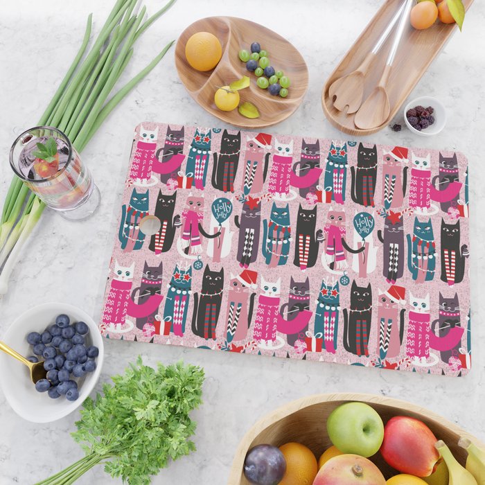 Feline Christmas vibes // pastel pink background green fuchsia pink white and black kittens Cutting Board Gallery Image 2