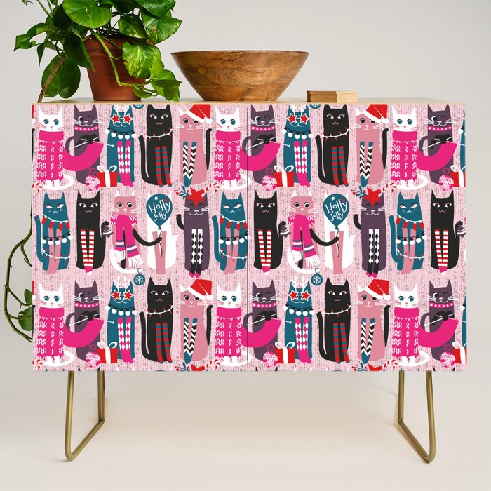 Feline Christmas vibes // pastel pink background green fuchsia pink white and black kittens Credenza Gallery Image 1