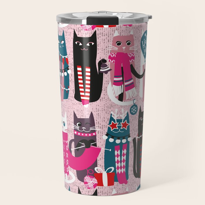 Feline Christmas vibes // pastel pink background green fuchsia pink white and black kittens Travel Mug Gallery Image 1