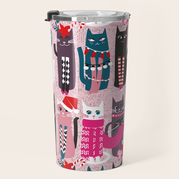 Feline Christmas vibes // pastel pink background green fuchsia pink white and black kittens Travel Mug Gallery Image 3