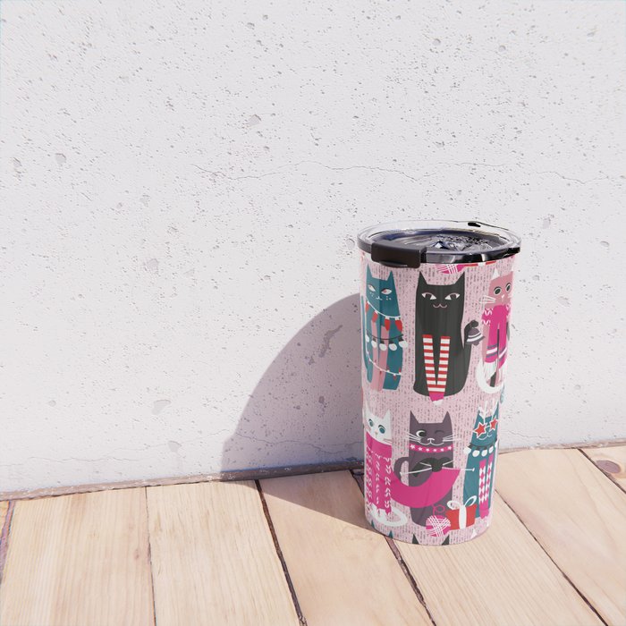 Feline Christmas vibes // pastel pink background green fuchsia pink white and black kittens Travel Mug Gallery Image 4
