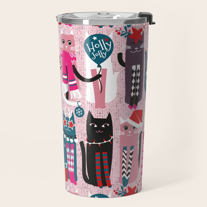Feline Christmas vibes // pastel pink background green fuchsia pink white and black kittens Travel Mug Gallery Image 2